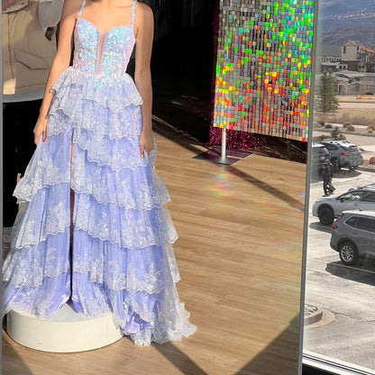 Vintage Shiny Sequin A-Line Prom Dress Spaghetti Strap Tiered Evening Dress Long Formal Dress TP4640