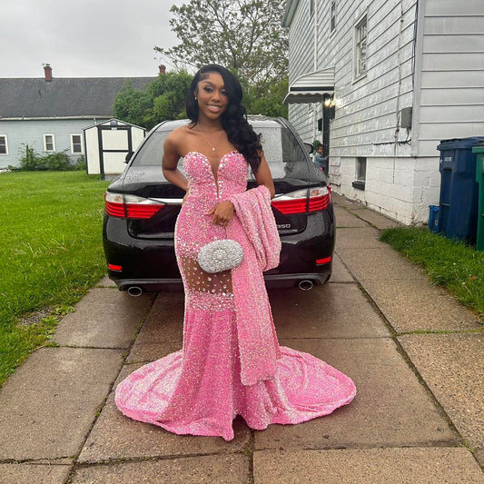 Vintage Pink Beaded Prom Dress Sweetheart Strapless Evening Dress Long Mermaid Formal Dress TP4650
