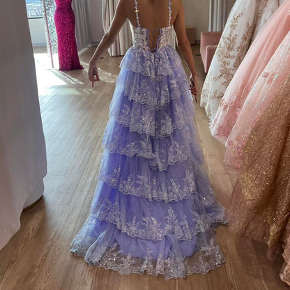 Vintage Shiny Sequin A-Line Prom Dress Spaghetti Strap Tiered Evening Dress Long Formal Dress TP4640