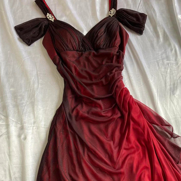 Vintage Shiny Burgundy Sheath Chiffon Shoulder Strap Design Long Prom Dress Evening Dress TP4296