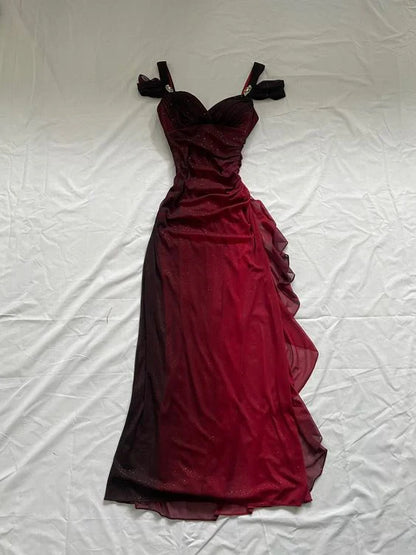 Vintage Shiny Burgundy Sheath Chiffon Shoulder Strap Design Long Prom Dress Evening Dress TP4296