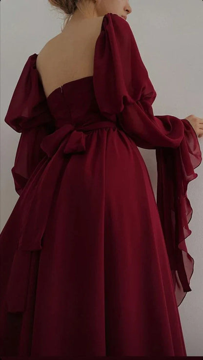 Retro Burgundy Long-sleeve A-Line Long Prom Dress Party Dress Evening Dress TP4496
