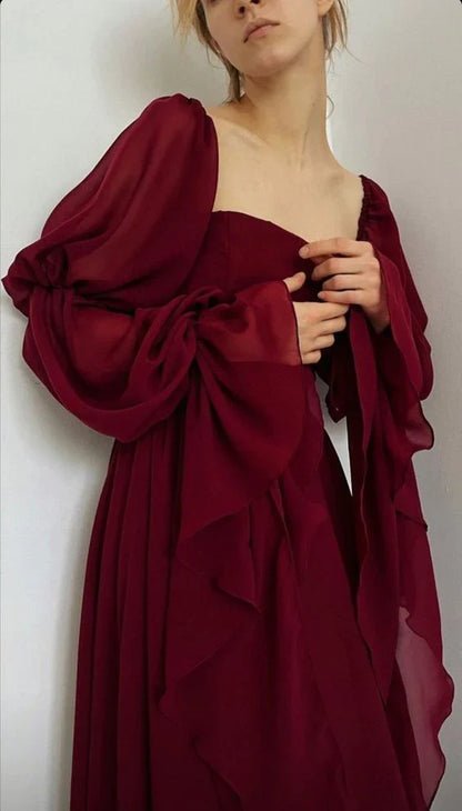 Retro Burgundy Long-sleeve A-Line Long Prom Dress Party Dress Evening Dress TP4496