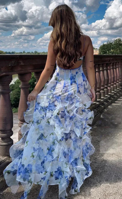 Vintage Floral Spaghetti Strap Ruffle Mermaid Chiffon Prom Dress Party Dress Evening Dress TP4498