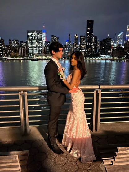 Enchanting Pink Lace Backless Mermaid Long Prom Dress Party Dress Evening Dress TP4490