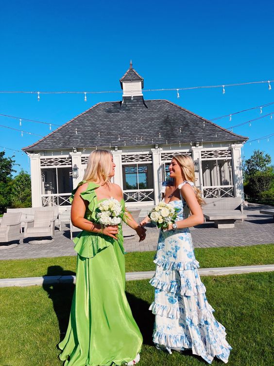 Beautiful Blue Floral Shoulder Strap Sheath Tiered Party Dress Bridesmaid Dress TP4294