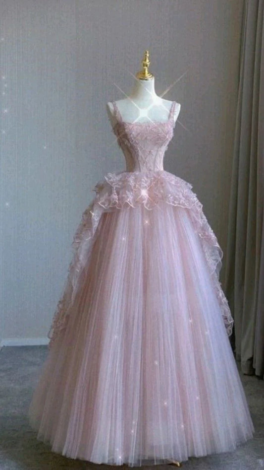 Vintage Pink Lace Shiny Sequin A-Line Tulle Prom Dress Party Dress Evening Dress TP4505