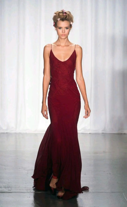 Vintage Burgundy Mermiad Applique Spaghetti Strap Long Prom Dress Evening Dress TP4293