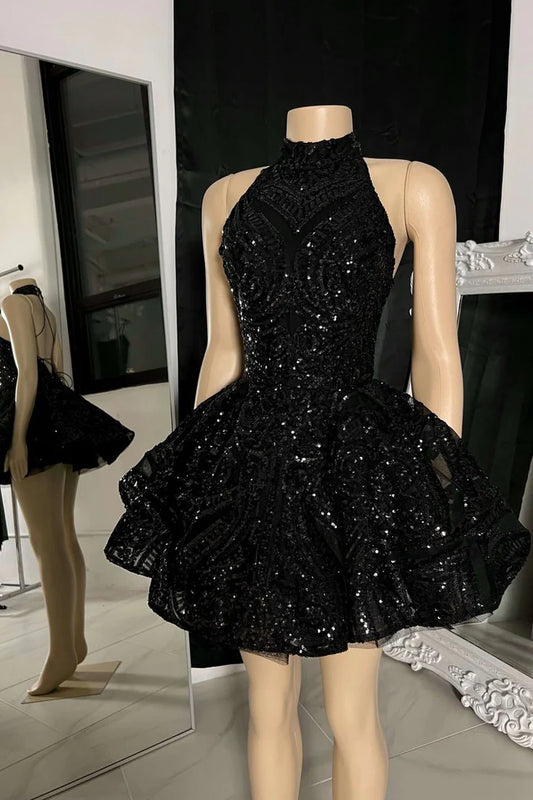 Retro Black Sparkling Sequin Halter Dress Design A-Line Tiered Party Dress Homecoming Dress TP4132