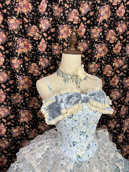 Vintage-inspired Pastel Blue Floral Lace Layered Lolita Ruffled A-Line Ball Gown TP5106