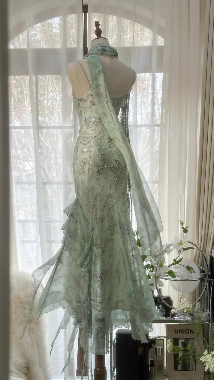 Gorgeous Light Green Cowl Neck Glittering Beaded Spaghetti Strap Chiffon Mermaid Prom Dress Evening Dress TP4305