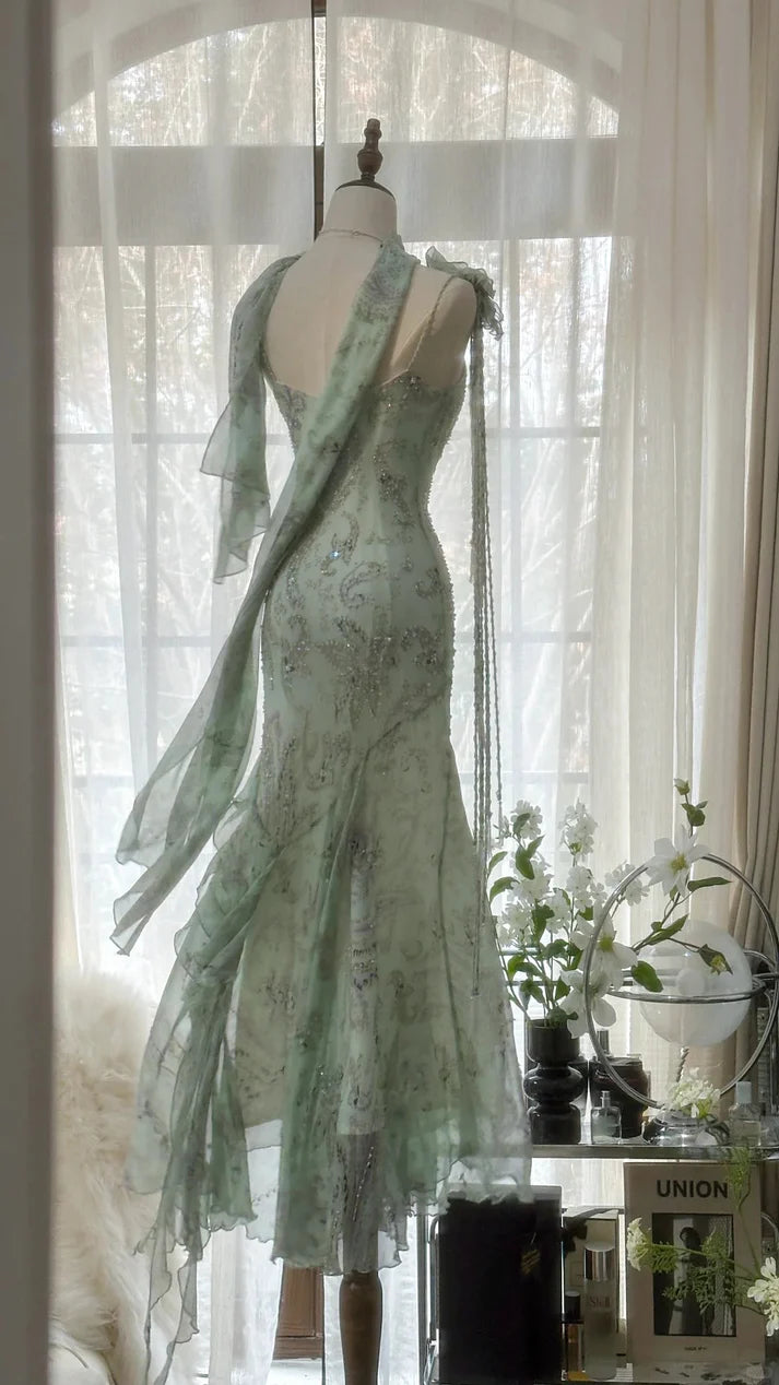 Gorgeous Light Green Cowl Neck Glittering Beaded Spaghetti Strap Chiffon Mermaid Prom Dress Evening Dress TP4305