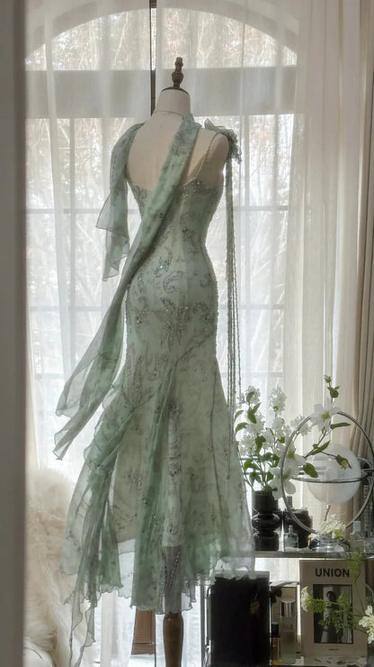 Gorgeous Light Green Cowl Neck Glittering Beaded Spaghetti Strap Chiffon Mermaid Prom Dress Evening Dress TP4305
