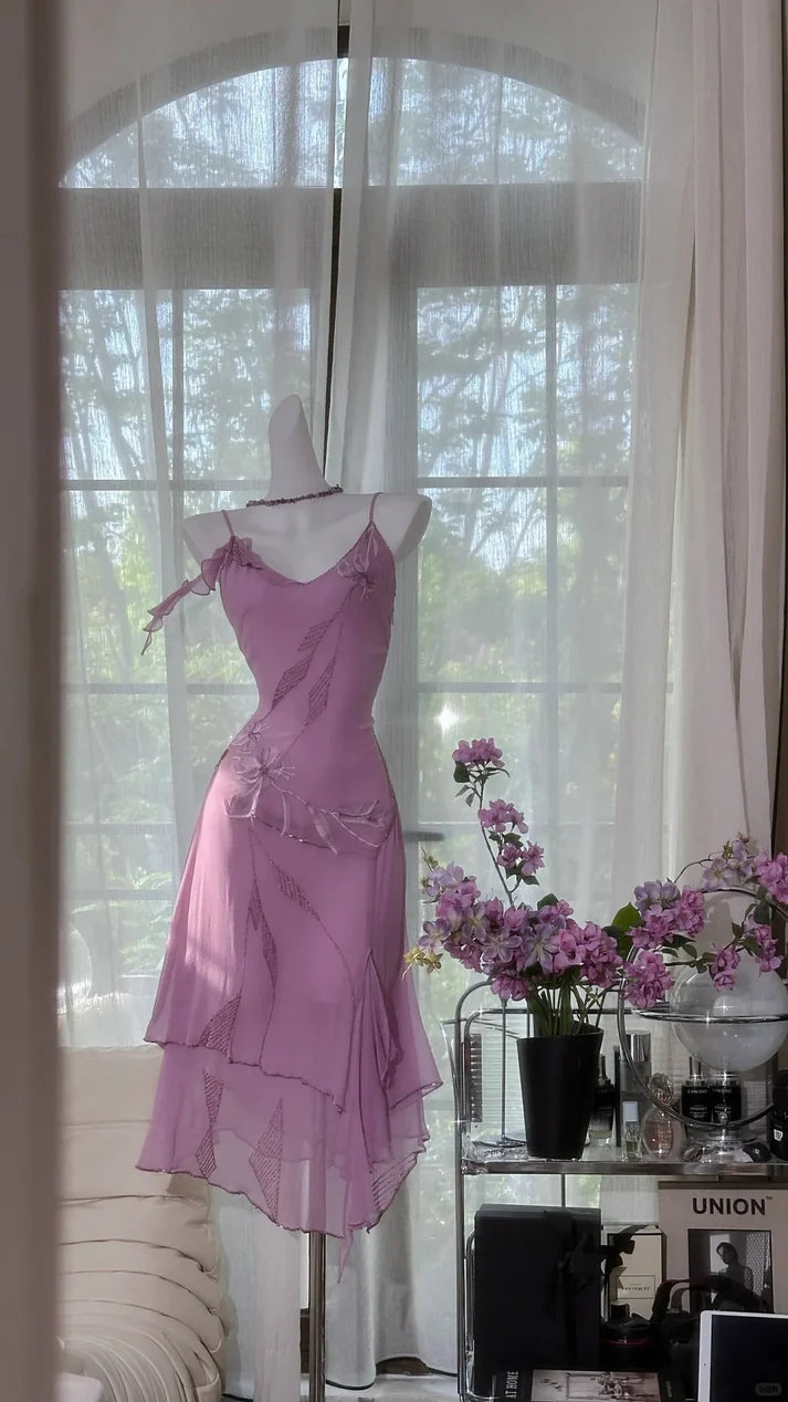 Gorgeous Rose Pink Applique Spaghetti Strap Chiffon Prom Dress Evening Dress TP4303