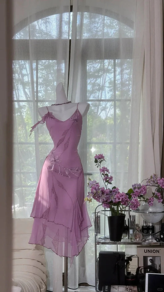 Gorgeous Rose Pink Applique Spaghetti Strap Chiffon Prom Dress Evening Dress TP4303