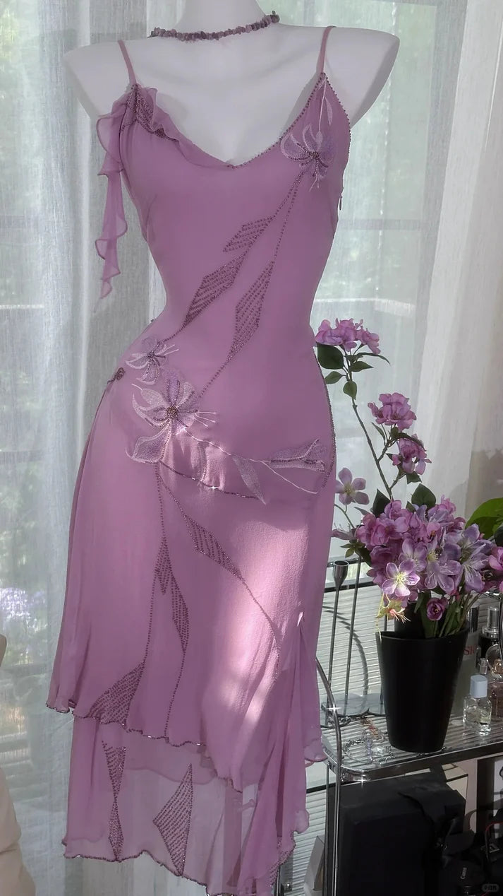 Gorgeous Rose Pink Applique Spaghetti Strap Chiffon Prom Dress Evening Dress TP4303