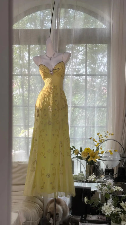 Shiny Yellow Sequined Sweetheart Chiffon A-Line Prom Dress Evening Dress TP4308