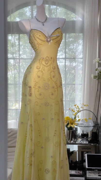 Shiny Yellow Sequined Sweetheart Chiffon A-Line Prom Dress Evening Dress TP4308