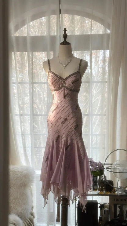 Gorgeous Pink Sweetheart Glittering Beaded Spaghetti Strap Chiffon Mermaid Prom Dress Evening Dress TP4304