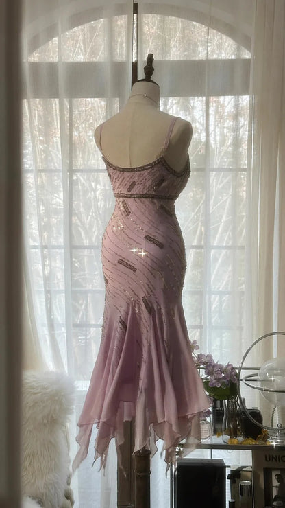 Gorgeous Pink Sweetheart Glittering Beaded Spaghetti Strap Chiffon Mermaid Prom Dress Evening Dress TP4304