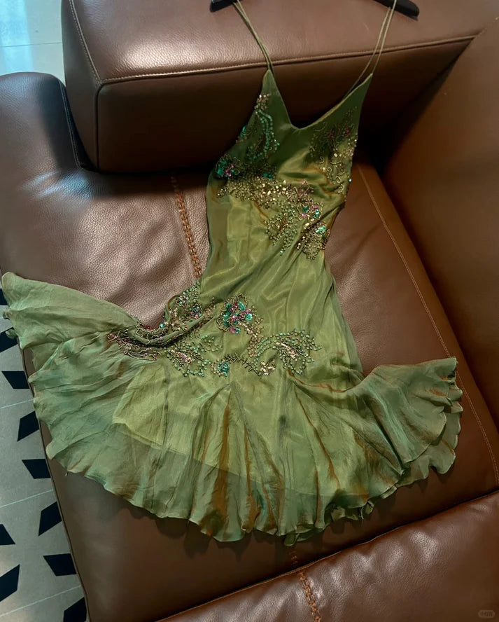 Gorgeous Green V-neck Glittering Beaded Spaghetti Strap Ruffles Chiffon A-Line Prom Dress Evening Dress TP4306