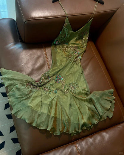 Gorgeous Green V-neck Glittering Beaded Spaghetti Strap Ruffles Chiffon A-Line Prom Dress Evening Dress TP4306