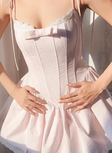 Romantic Pink Lace Trim Bow Corset Mini Tie Straps A-Line Homecoming Dress TP5950