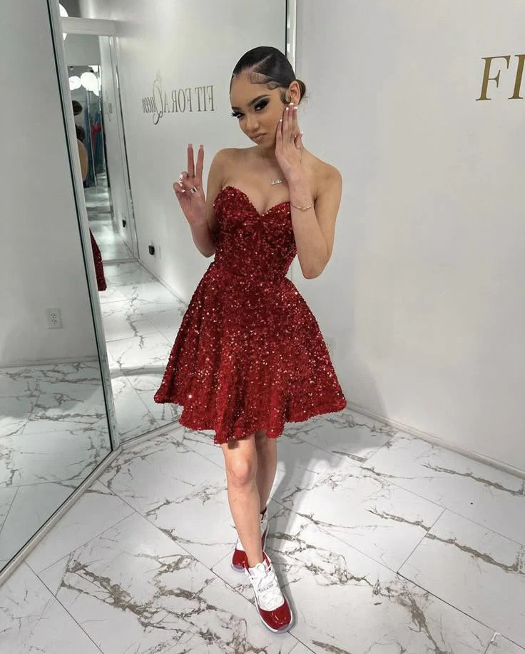 Vintage Burgundy Sequin Strapless Sweetheart A-Line Homecoming Dress TP5949