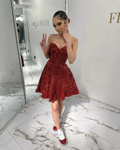 Vintage Burgundy Sequin Strapless Sweetheart A-Line Homecoming Dress TP5949