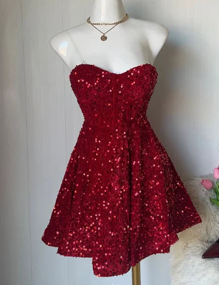Vintage Burgundy Sequin Strapless Sweetheart A-Line Homecoming Dress TP5949
