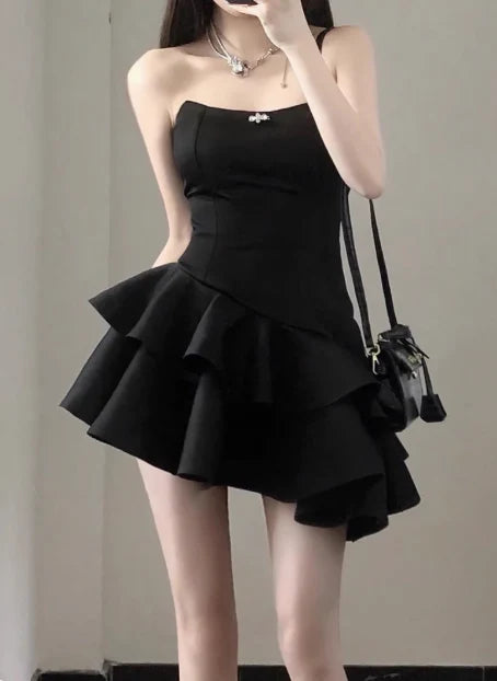 Vintage Black Strapless Beaded Tiered Ruffle Asymmetrical A-Line Homecoming Dress TP5948