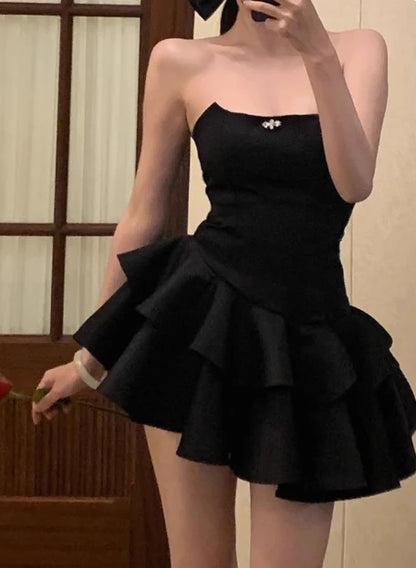 Vintage Black Strapless Beaded Tiered Ruffle Asymmetrical A-Line Homecoming Dress TP5948