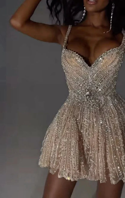 Vintage Silvery Shiny Beaded A-Line Short Party Dress Cocktail Dress Homecoming Dress TP4464