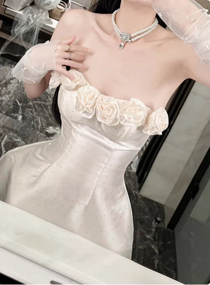 Retro Beige Sequin 3D Floral Strapless Design A-line Party Dress Homecoming Dress TP4079