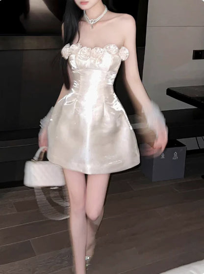 Retro Beige Sequin 3D Floral Strapless Design A-line Party Dress Homecoming Dress TP4079