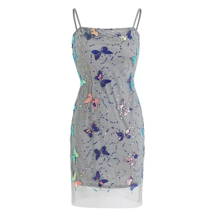 Elegant Sparkling Light Blue Spaghetti Strap Sequin Butterfly Design Sheath Chiffon Party Dress Homecoming Dress TP4082