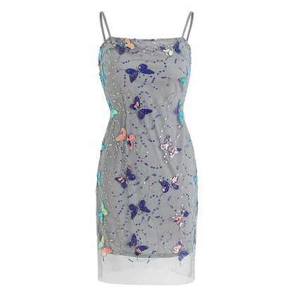 Elegant Sparkling Light Blue Spaghetti Strap Sequin Butterfly Design Sheath Chiffon Party Dress Homecoming Dress TP4082