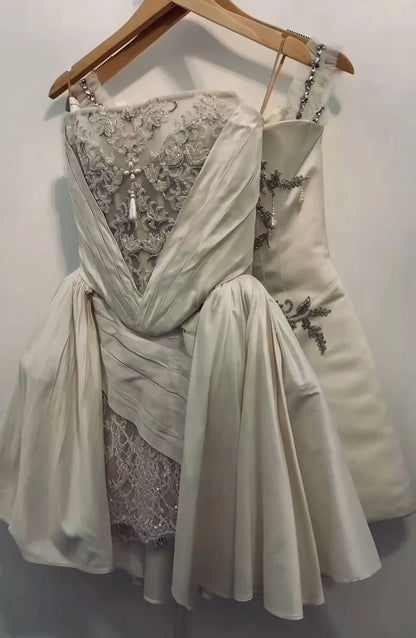 Vintage Ivory Applique Strapless A-Line Short Party Dress Cocktail Dress Homecoming Dress TP4465