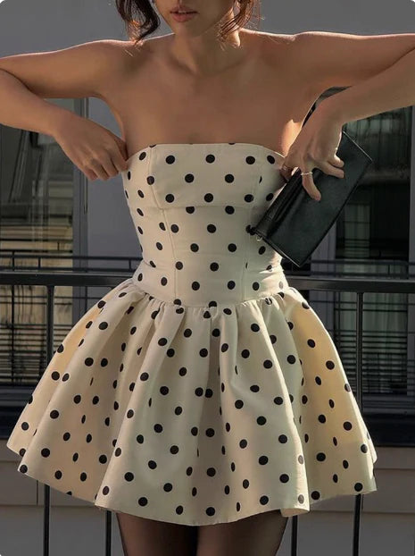 Cute Dot Pattern Design Strapless Bow Zip-up A-Line Homecoming Dress Party Dress Prom Dresses TP4136