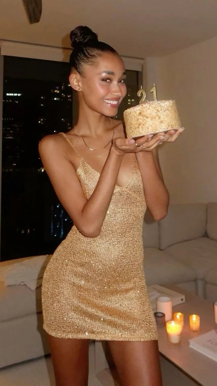 Vintage Gold Sequin Spaghetti Strap V-Neck Bodycon Mini Birthday Party Dress Homecoming Dress TP5944