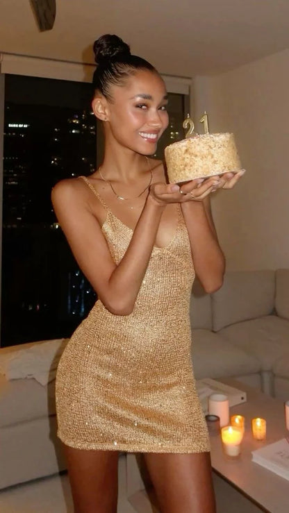 Vintage Gold Sequin Spaghetti Strap V-Neck Bodycon Mini Birthday Party Dress Homecoming Dress TP5944
