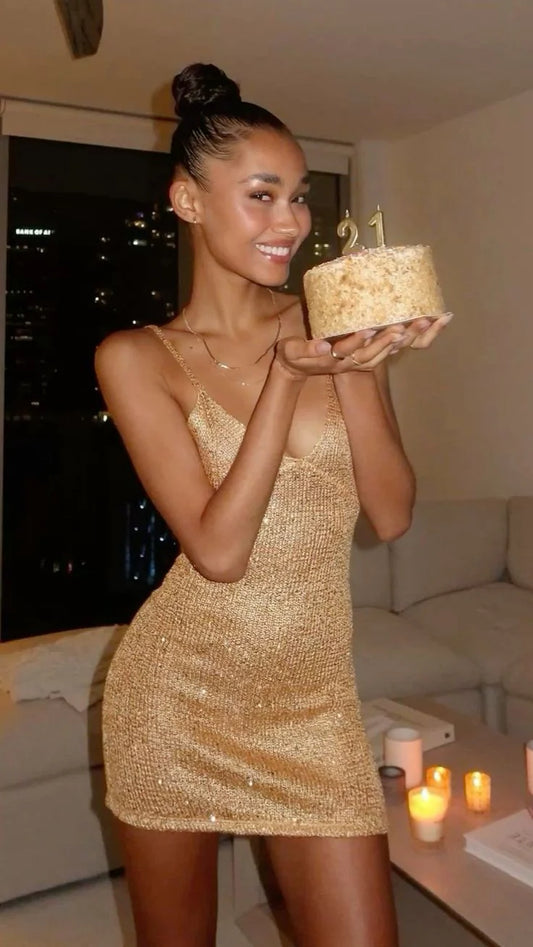 Vintage Gold Sequin Spaghetti Strap V-Neck Bodycon Mini Birthday Party Dress Homecoming Dress TP5944