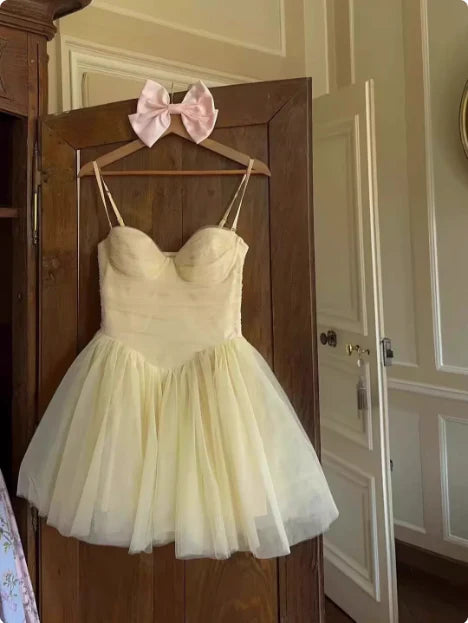 Vintage Yellow Sweetheart A-Line Short Tulle Party Dress Cocktail Dress Homecoming Dress TP4476