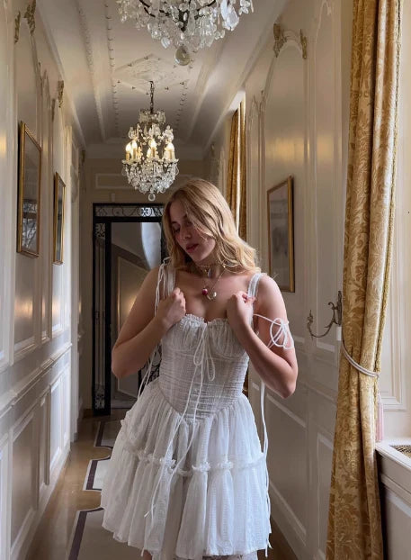 Vintage White Lace Spaghetti Strap A-Line Short Tiered Party Dress Cocktail Dress Homecoming Dress TP4473