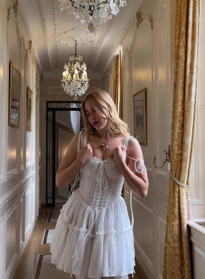 Vintage White Lace Spaghetti Strap A-Line Short Tiered Party Dress Cocktail Dress Homecoming Dress TP4473