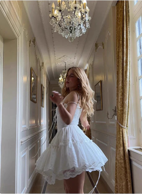 Vintage White Lace Spaghetti Strap A-Line Short Tiered Party Dress Cocktail Dress Homecoming Dress TP4473