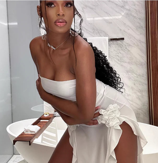 Vintage White Strapless Irregular Skirt Hem Sheath Party Dress Cocktail Dress Homecoming Dress TP4470