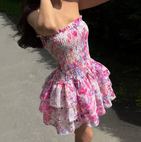Cute Floral Strapless Design A-line Tiered Party Dress Homecoming Dress TP4078