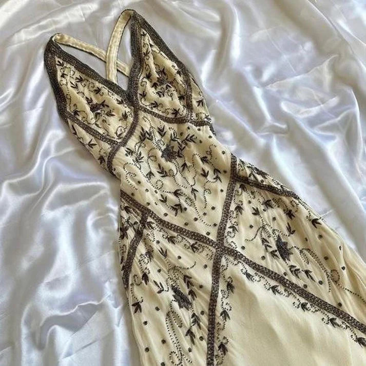 Vintage Ivory V-neck Embroidery Mermaid Prom Dress Party Dress Evening Dress TP4507