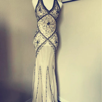 Vintage Ivory V-neck Embroidery Mermaid Prom Dress Party Dress Evening Dress TP4507